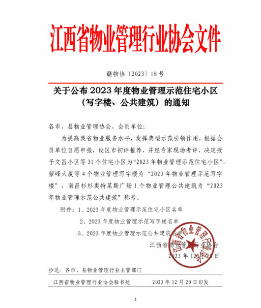 喜报！上饶市城投长城物业治理有限公司在管项目上饶市城投集团办公楼荣获“2023 年度省级物业树模写字楼”！